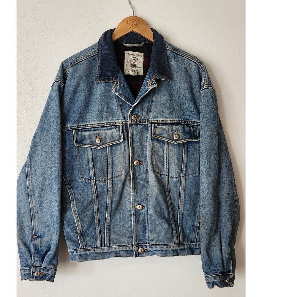 Vintage Banana Republic 90s Flannel Lined Denim Trucker Jacket Mens M Wool Blend